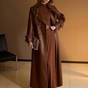 Brown Elegant Women's Double Breasted Belted Trench Coat